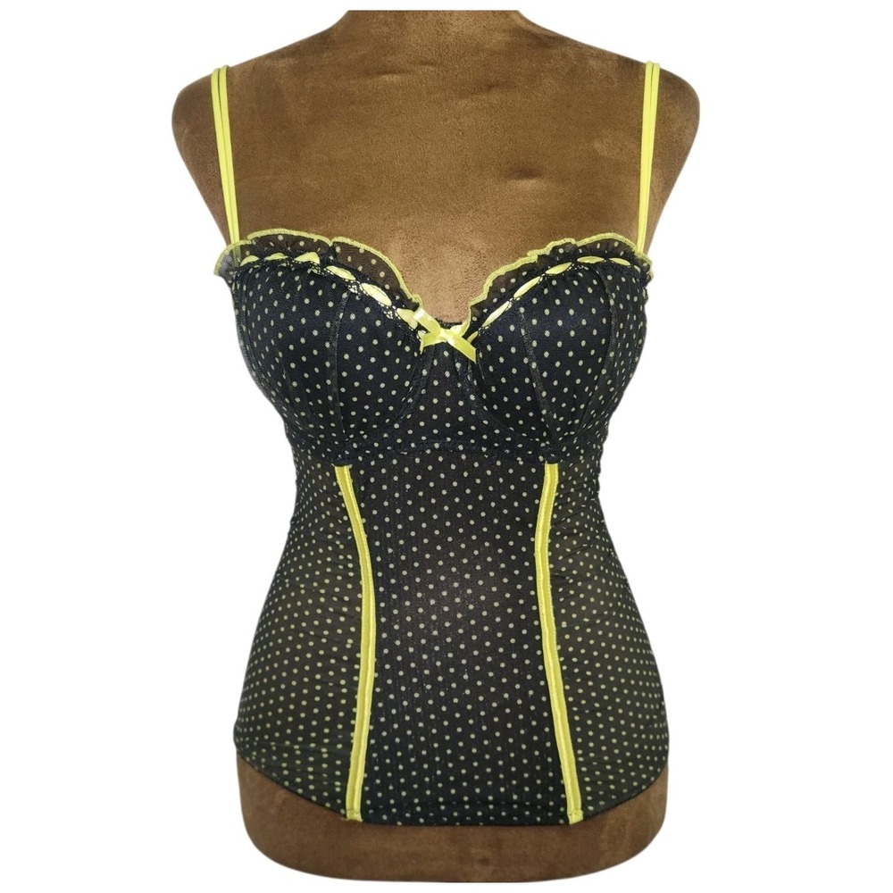 Y2K Per Lei Black Neon Yellow Bustier Top Corset Size M Polka Top Vintage